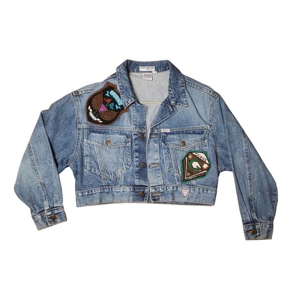 Rare Vintage 80s Guess by George Marciano Womens Cropped Denim Jacket Patches S - Picture 2 of 12